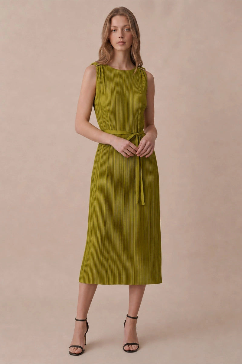 GOLD HARDWARE TRIM PLISSE MIDI DRESS