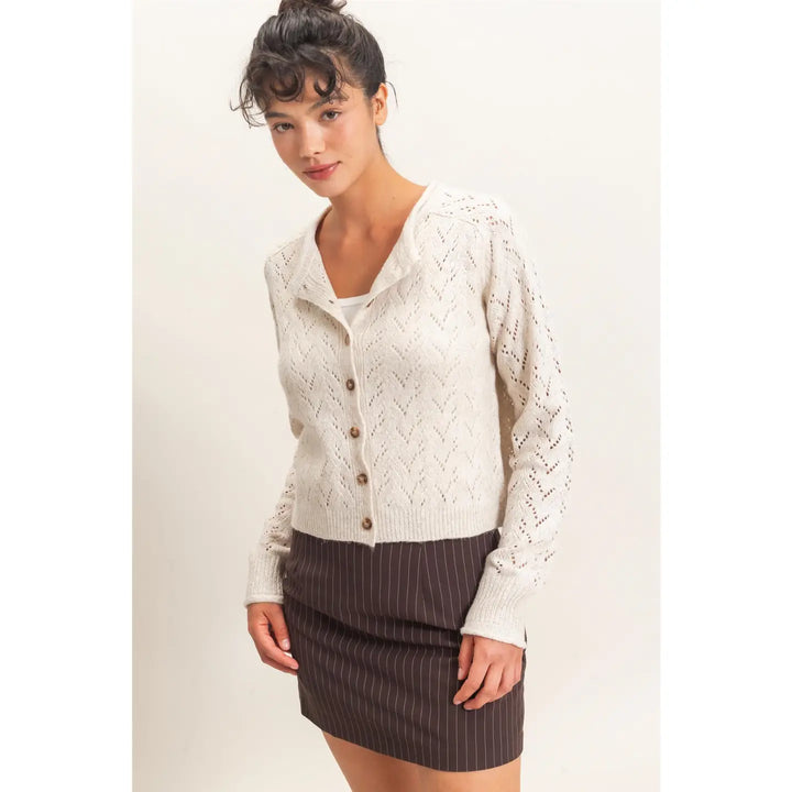 POINTELLE KNIT BUTTON FRONT CARDIGAN