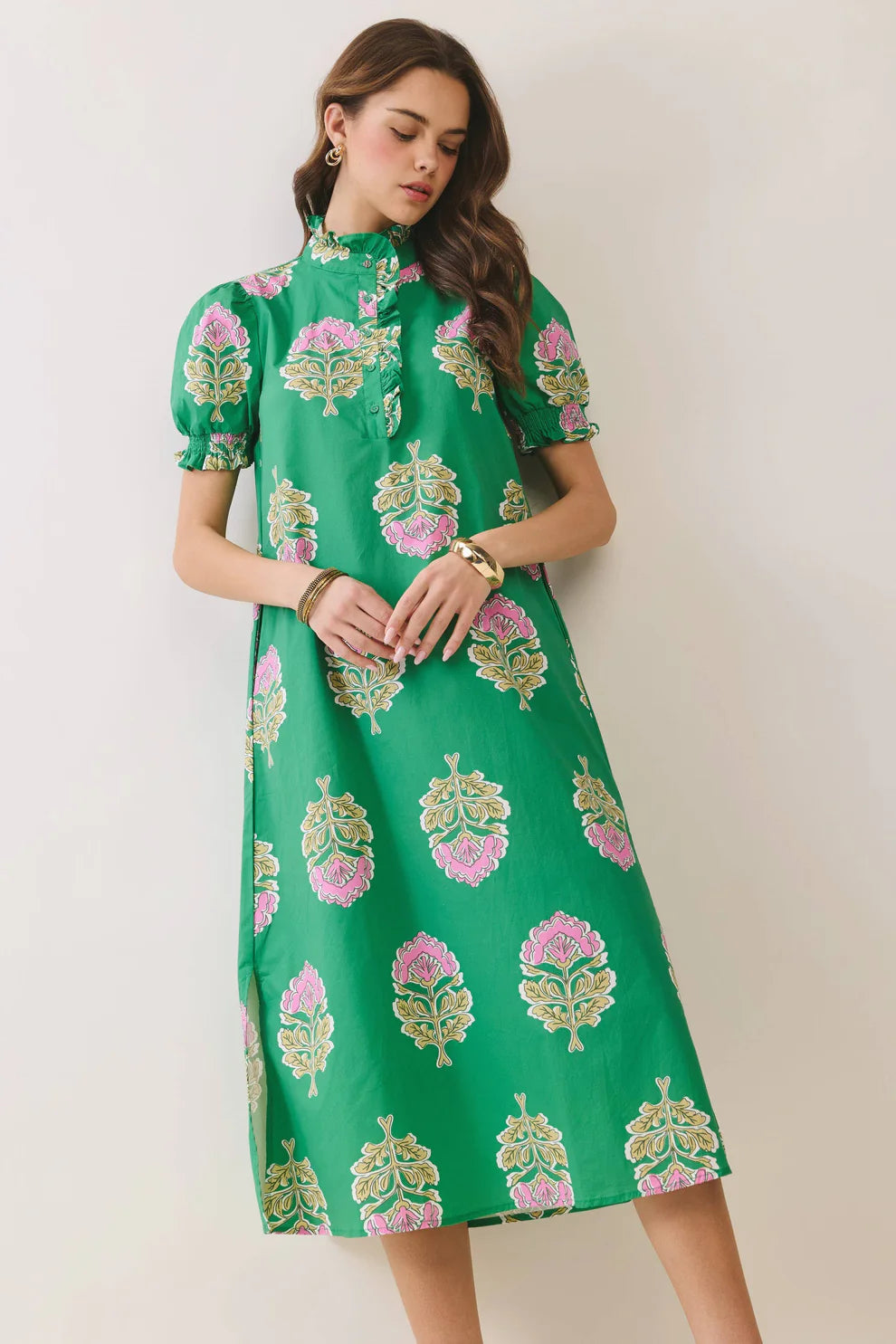 FLORAL PRINT RUFFLE COLLAR MIDI DRESS