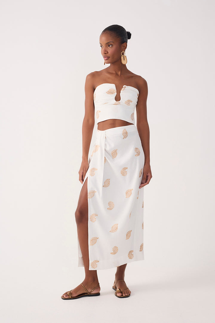 Off-white Shell Embroidered Draped Linen Maxi Skirt