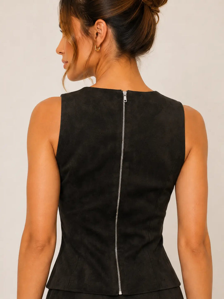 ASYMMETRIC CROCHET TRIM SUEDE TOP