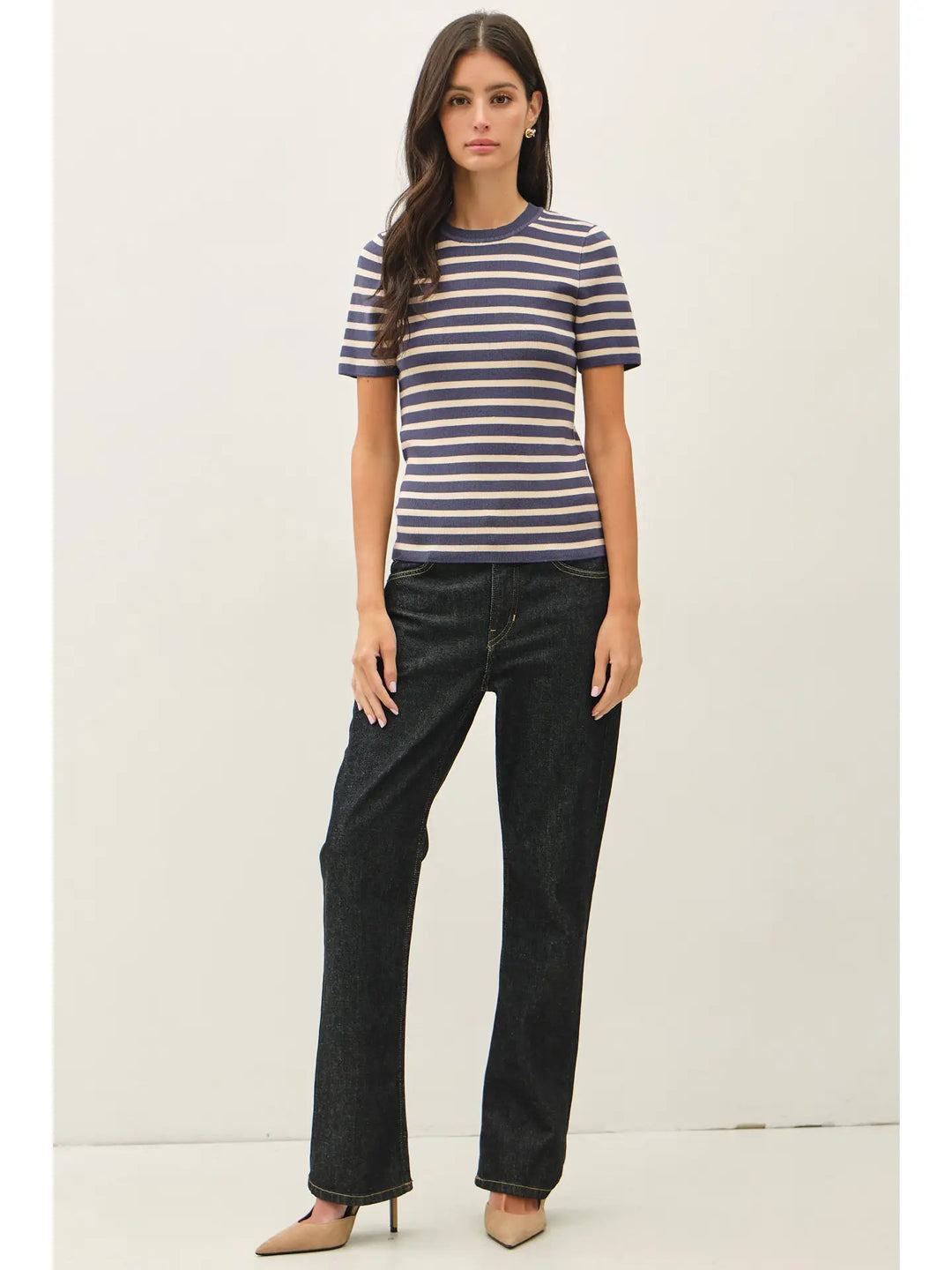 CLASSIC STRIPED CREWNECK SHORT SLEEVE SWEATER