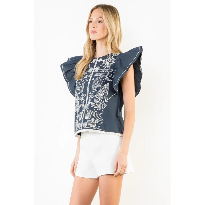RUFFLE SLEEVES EMBROIDERY DETAIL TOP