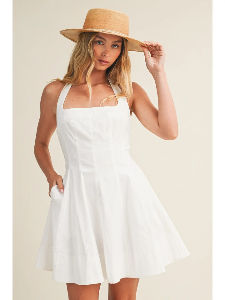 SQUARE NECK HALTER FLARE MINI DRESS