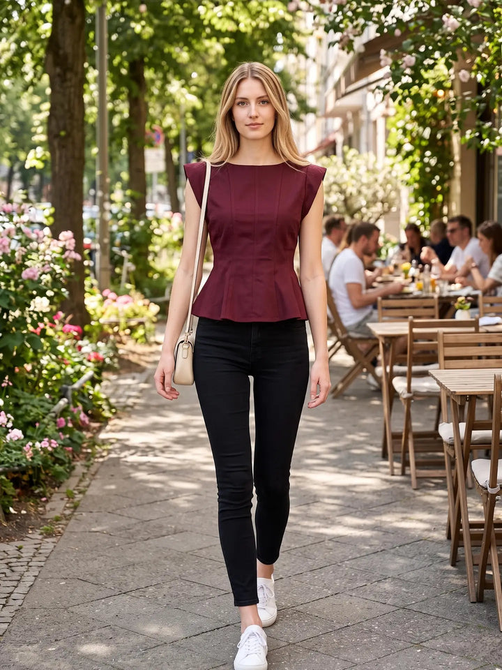 STRETCH CAP SLEEVE PEPLUM TOP