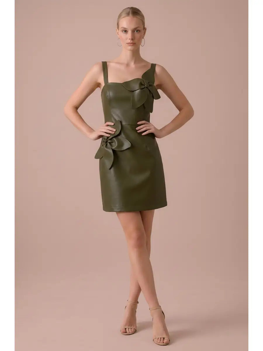 FLOWER APPLIQUE FAUX LEATHER MINI DRESS