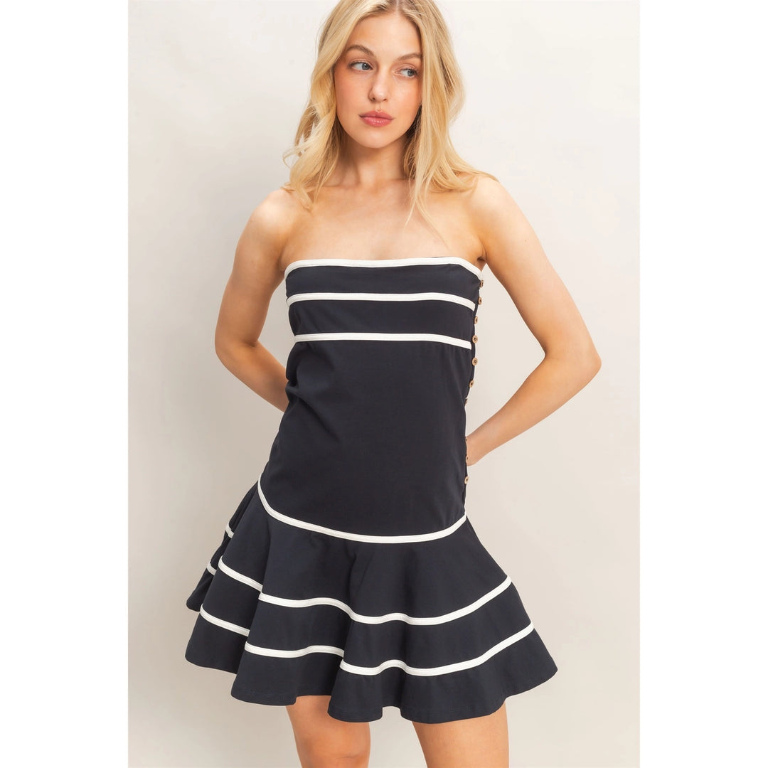 STRIPED STRAPLESS FLOUNCE DRESS