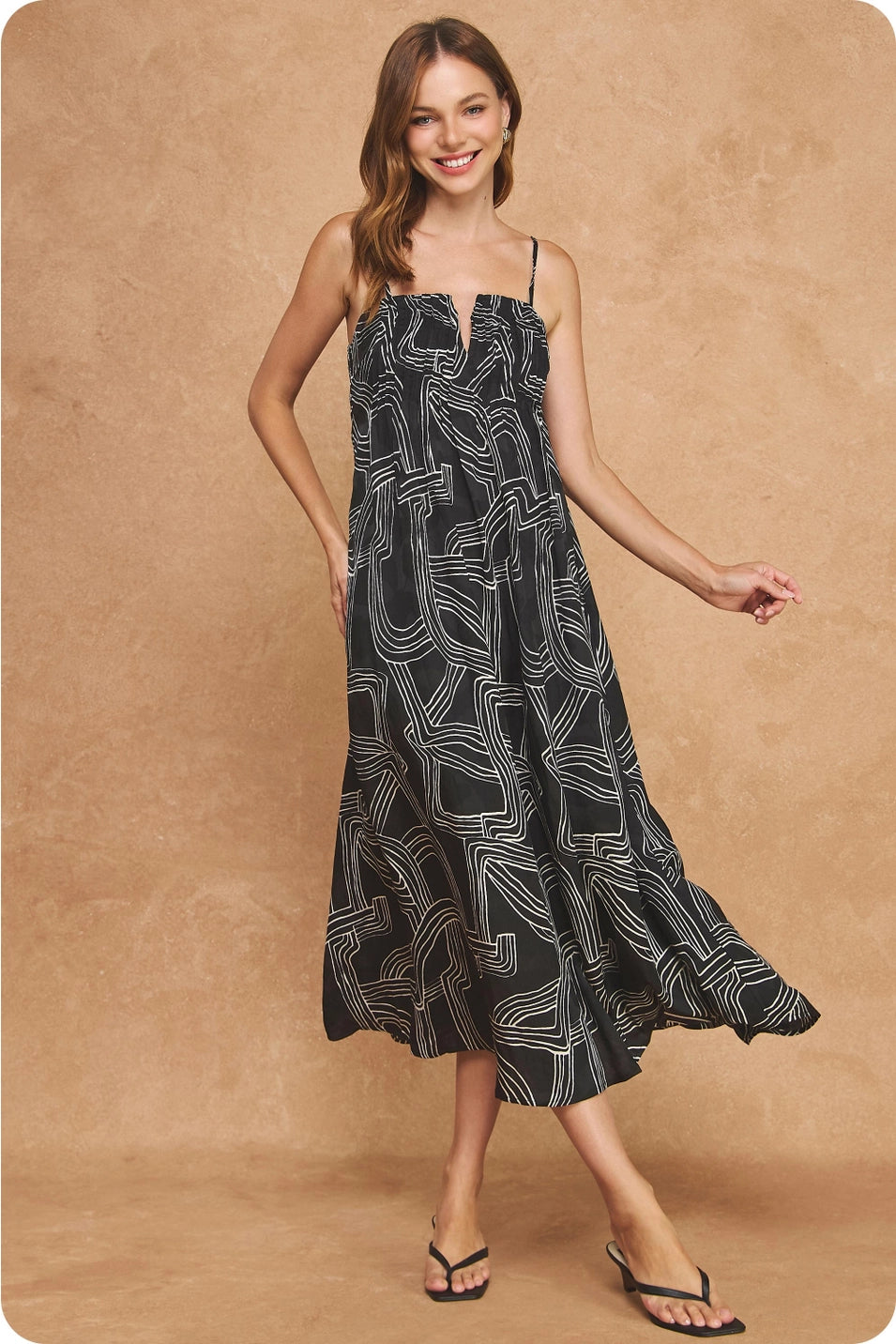 PINTUCK DETAIL PRINT SATIN LONG DRESS