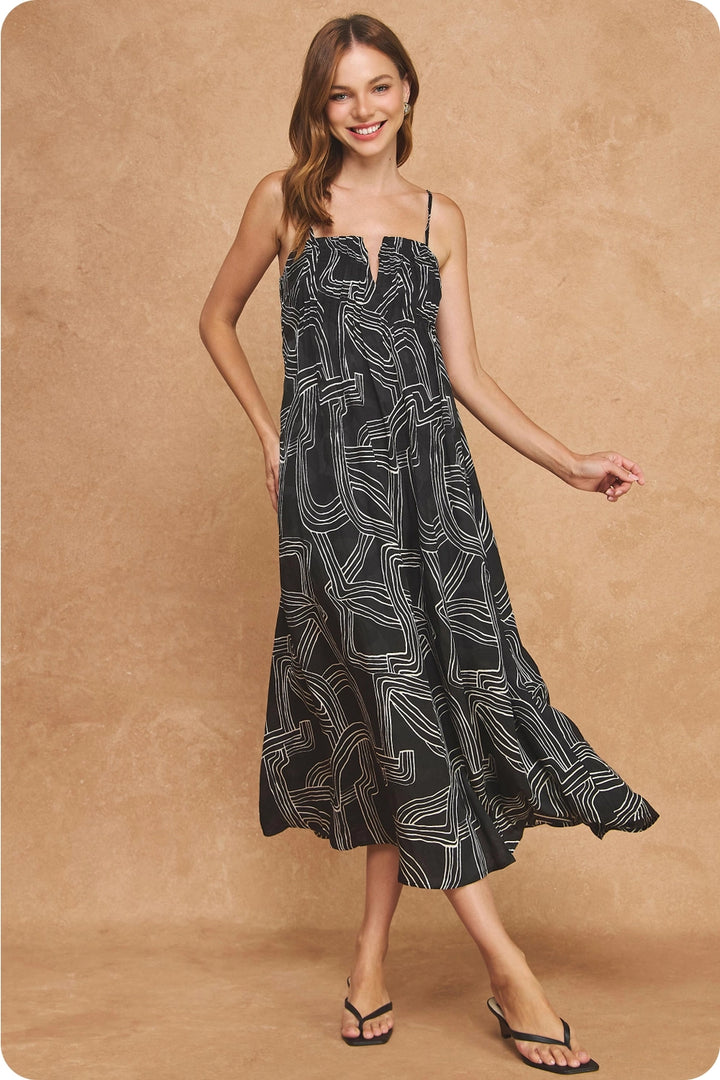 PINTUCK DETAIL PRINT SATIN LONG DRESS