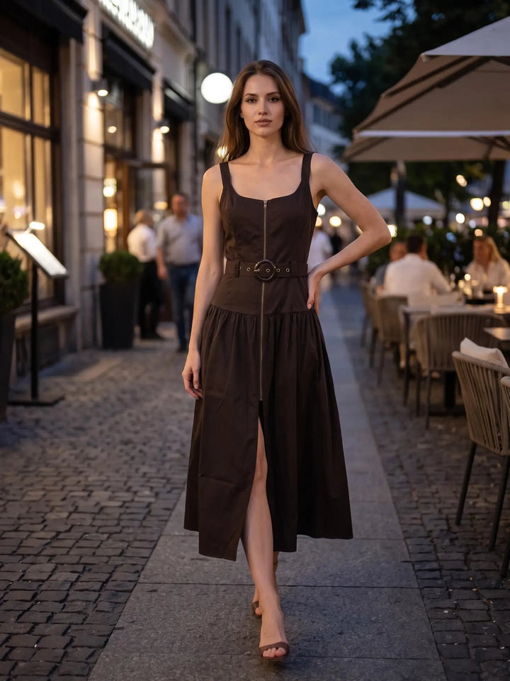 BELTED ZIP FRONT MIDI DRESS