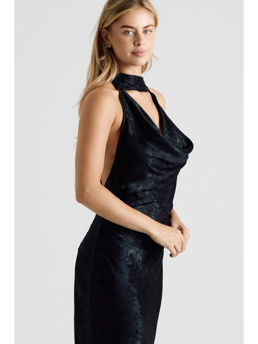 METALLIC HALTER COWL NECK OPEN BACK MAXI DRESS