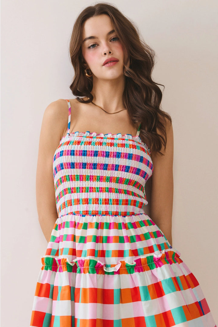 MULTI COLOR CHECKERED SMOCKED BODICE MINI DRESS