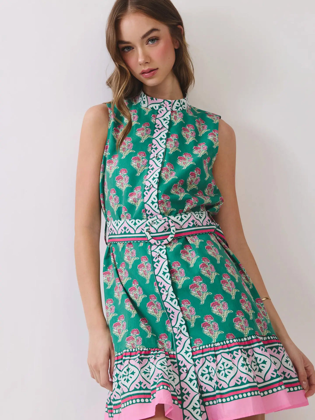 FLORAL BORDER PRINT BELTED MINI DRESS