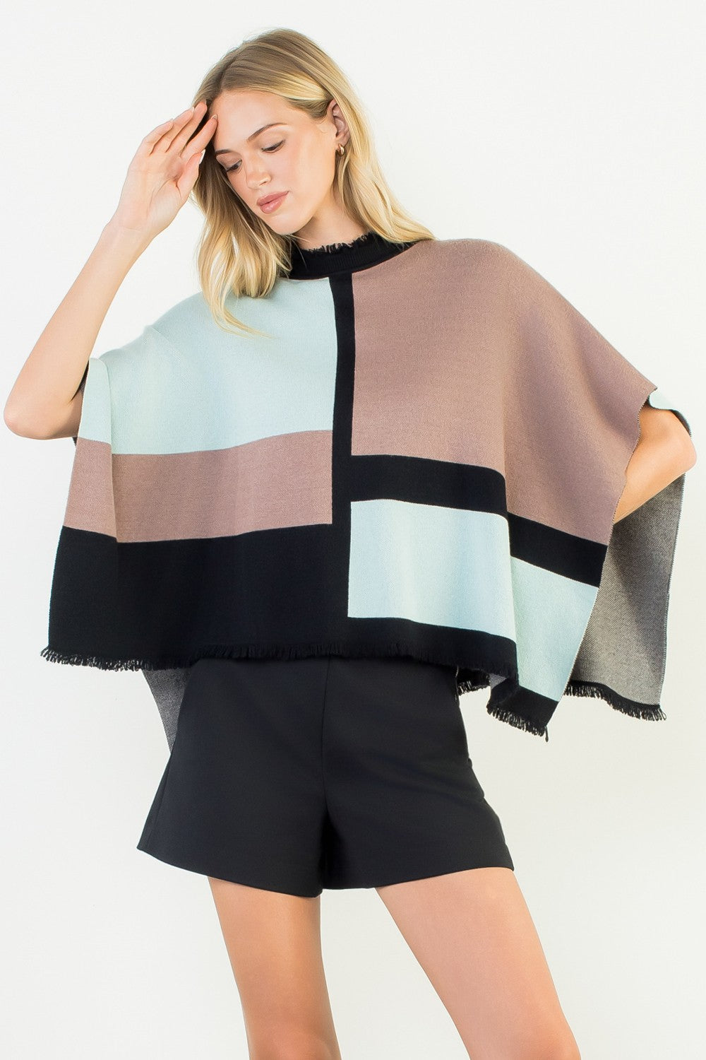 FRINGE TRIM MOCK NECK COLORBLOCK PONCHO