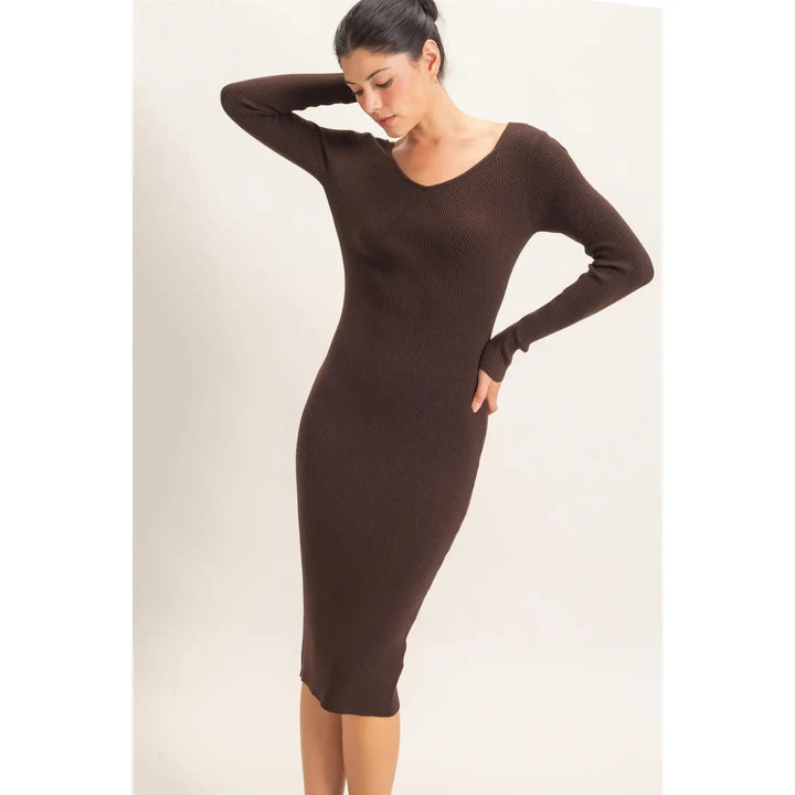 RIBBED V-NECK LONG SLEEVE DRESS