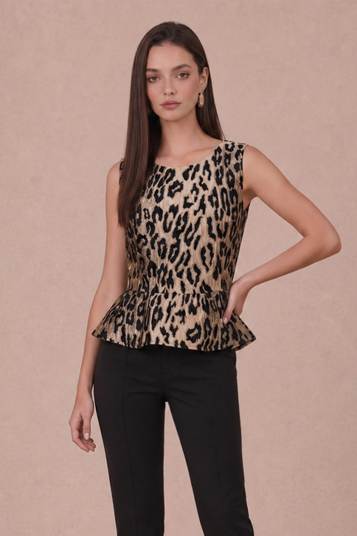 METALLIC LEOPARD JACQUARD PEPLUM TOP