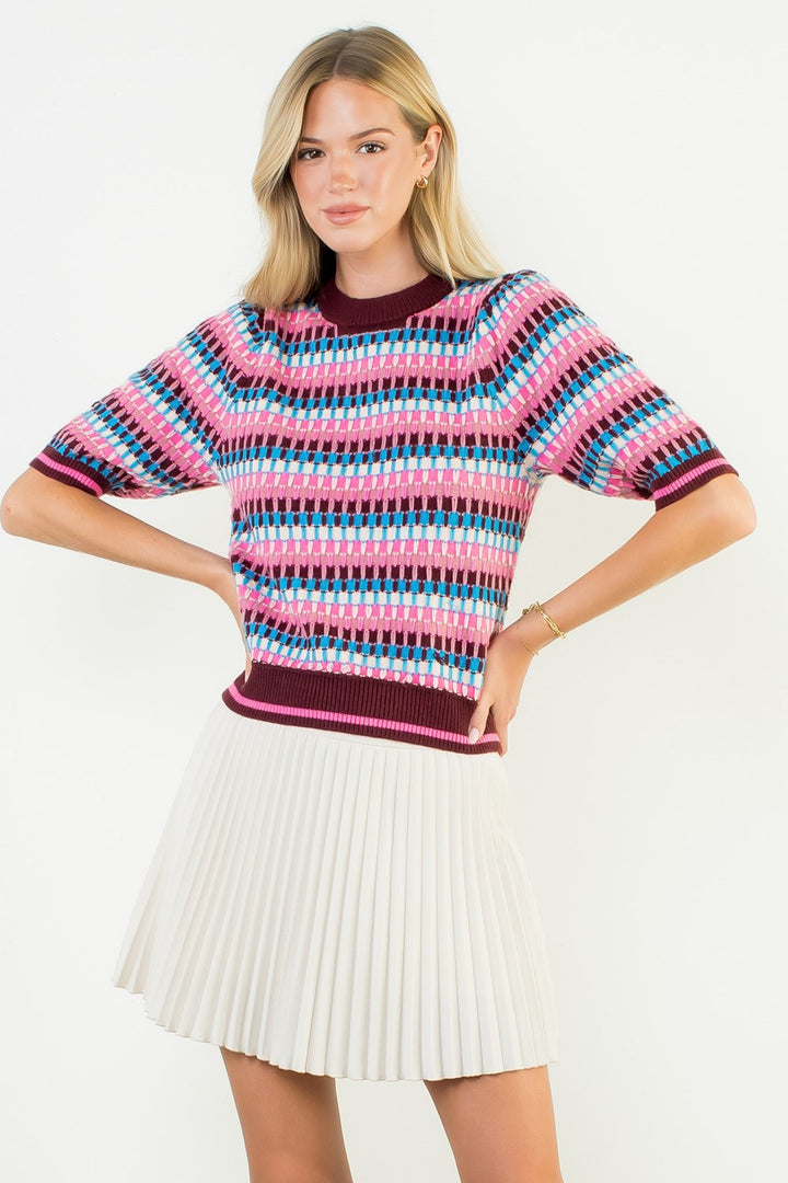SHORT SLEEVE MULTI COLOR KNIT TOP