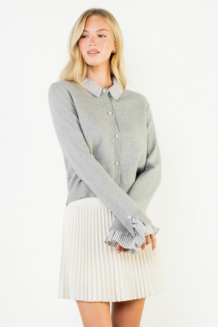 PEARL BUTTON MIXED MEDIA COLLARED KNIT TOP