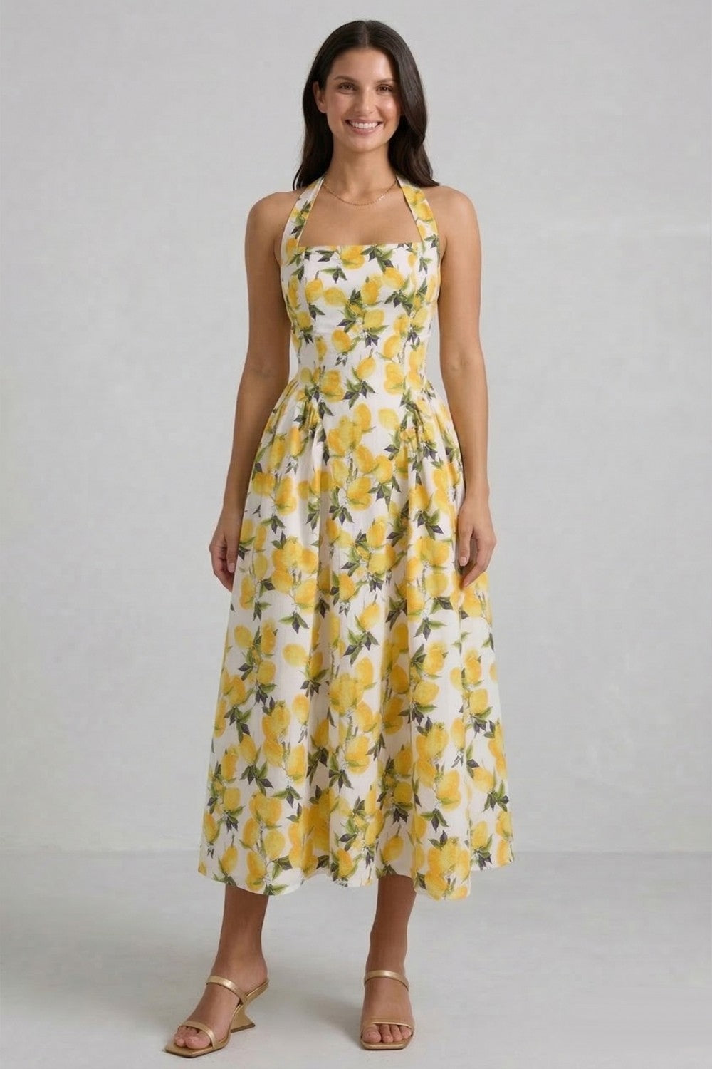 LEMON PRINT HALTER MIDI DRESS