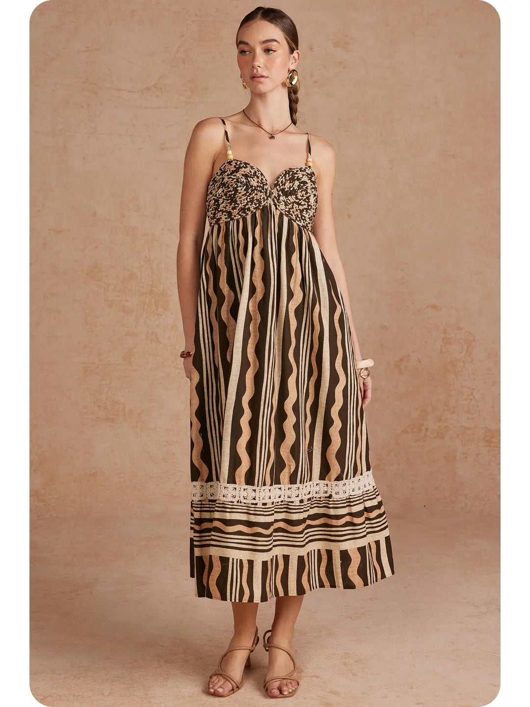 ABSTRACT WAVY STRIPE PRINT BRAIDED BODICE MIDI DRESS