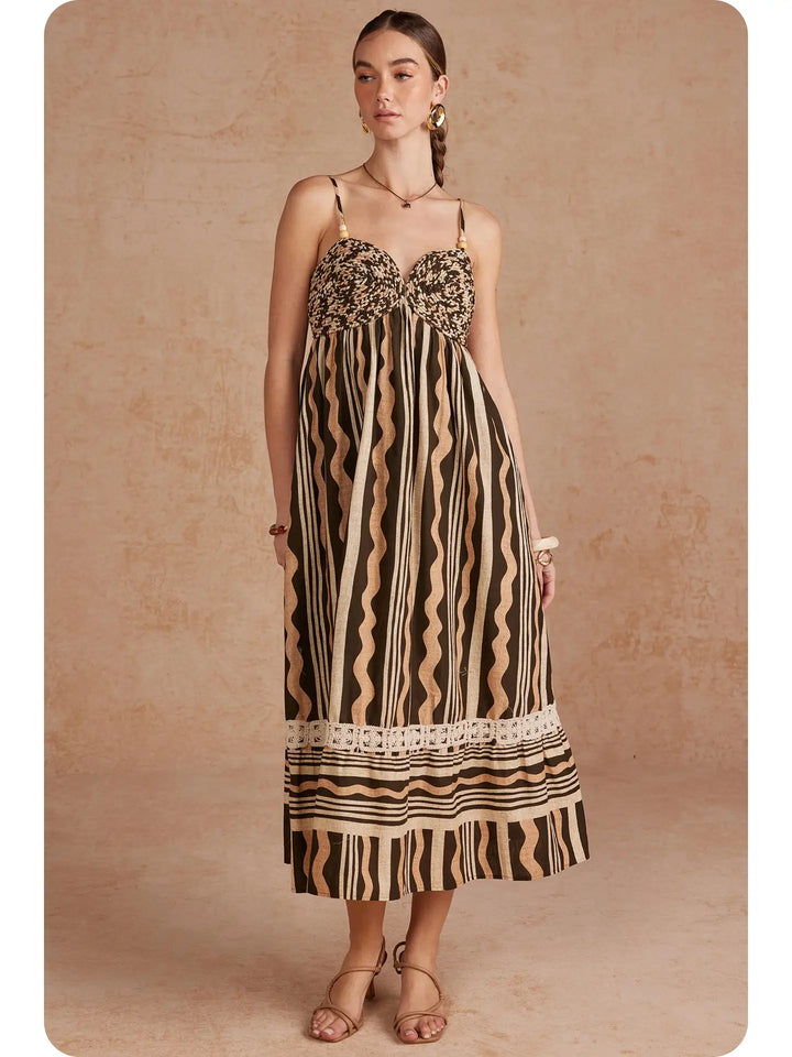 ABSTRACT WAVY STRIPE PRINT BRAIDED BODICE MIDI DRESS