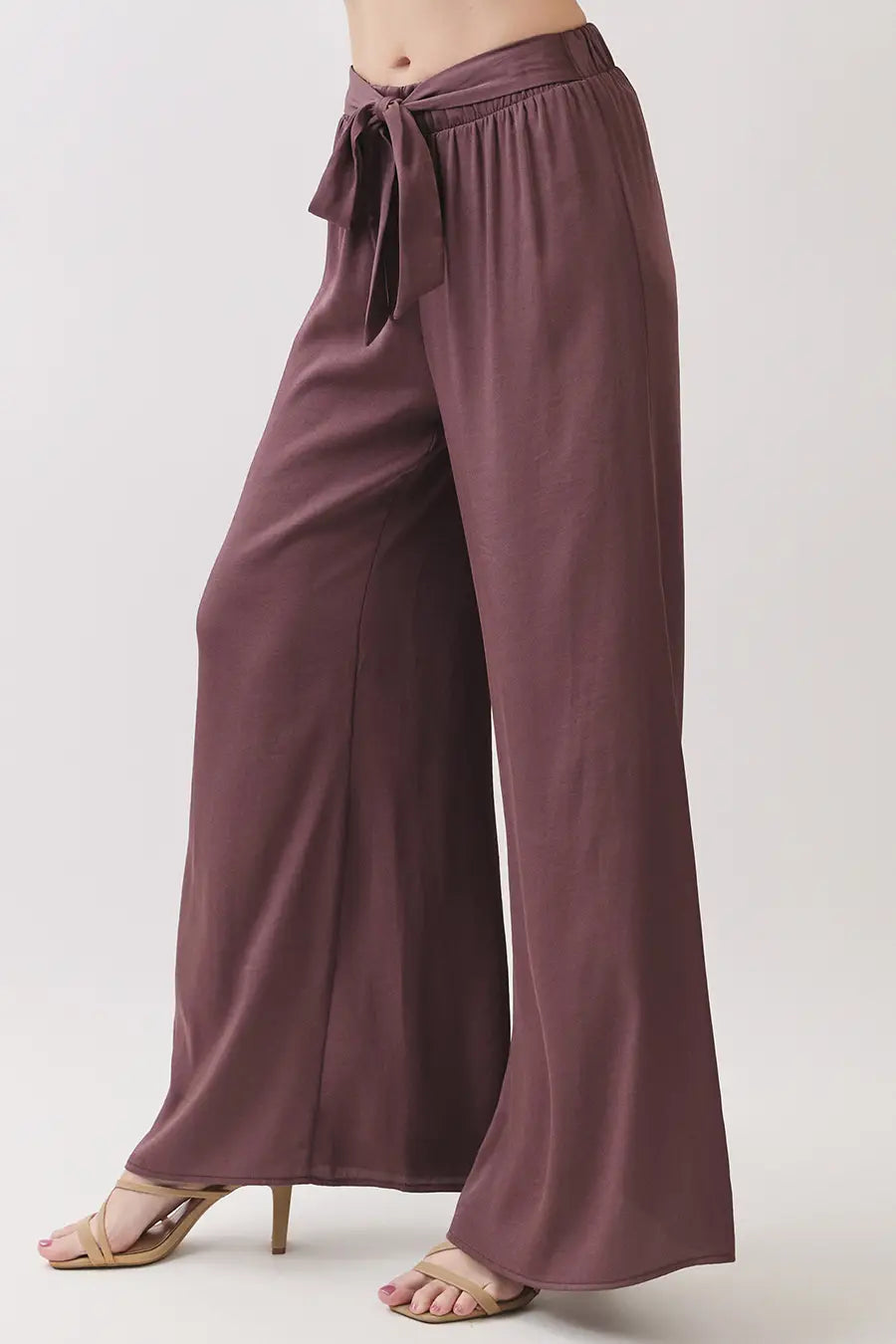 WASHED POLY SILK TIE WAIST WIDE LEG PANTS
