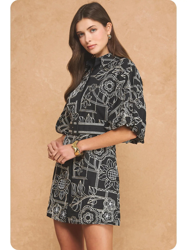 EMBROIDERY PUFF SLEEVE MINI DRESS