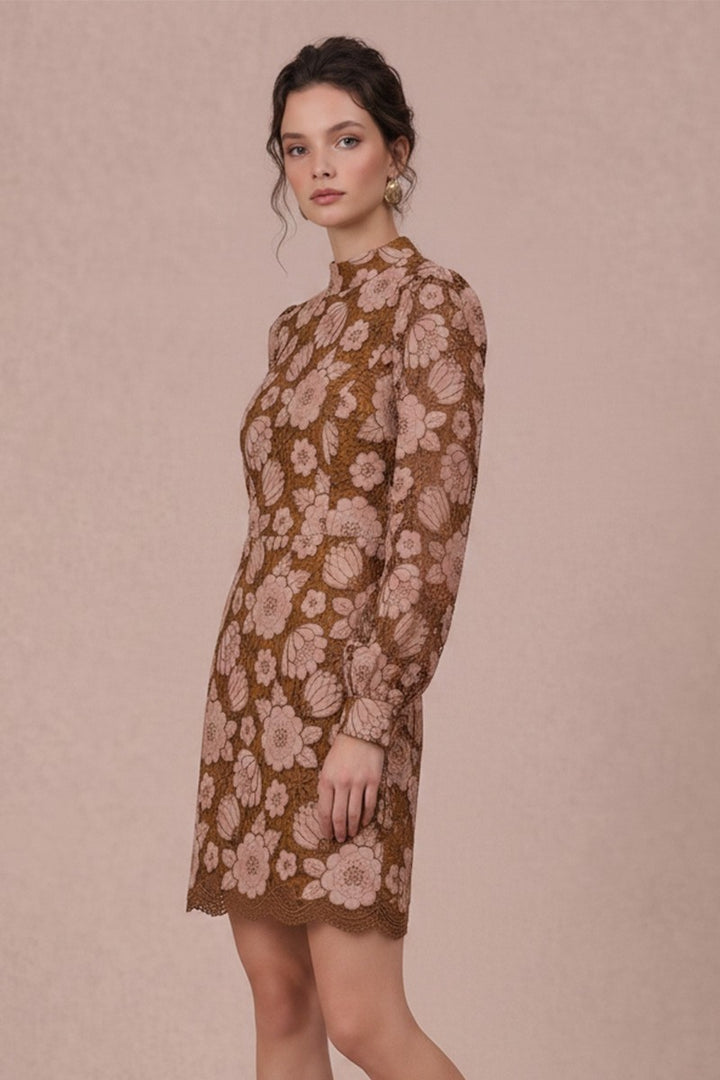 EMBROIDERED NECK BAND LONG SLEEVE MINI DRESS