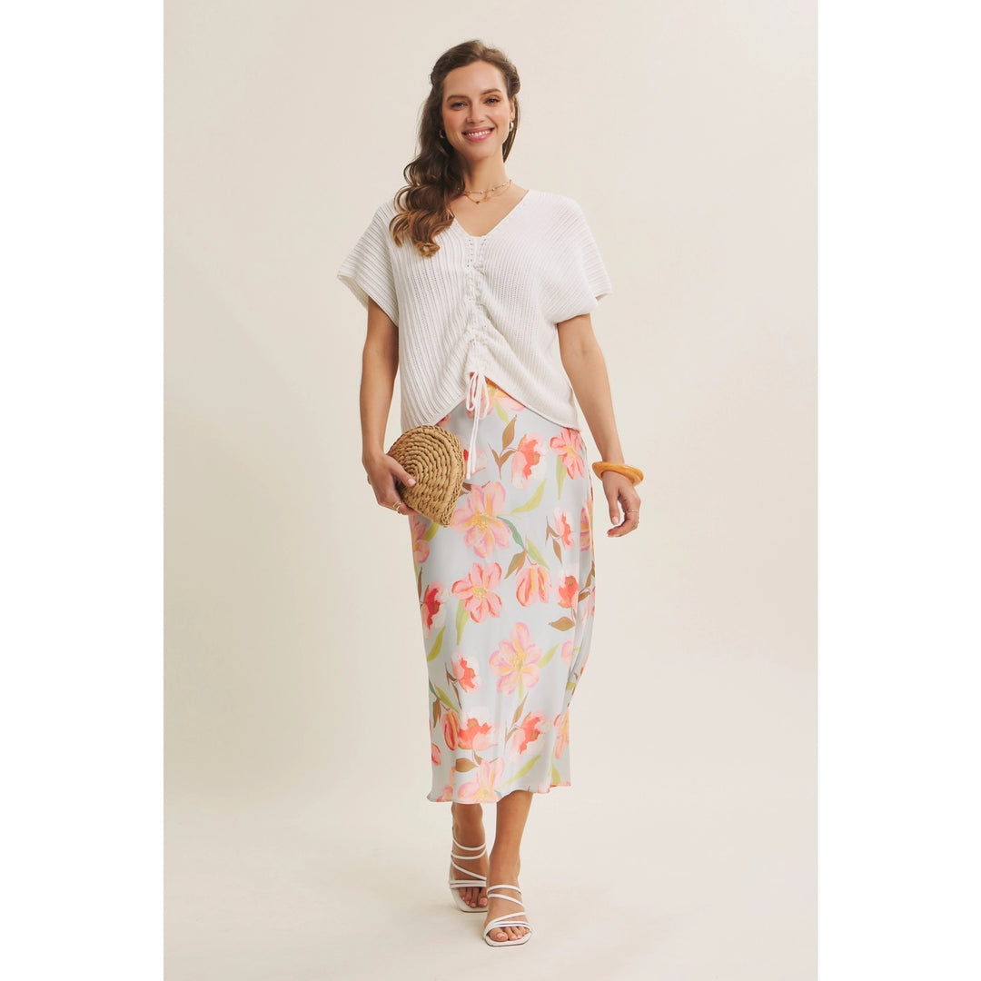 FLATTERING MOVEMENT FLORAL SATIN BIAS MIDI SKIRT