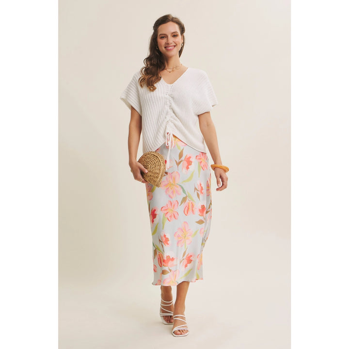 FLATTERING MOVEMENT FLORAL SATIN BIAS MIDI SKIRT