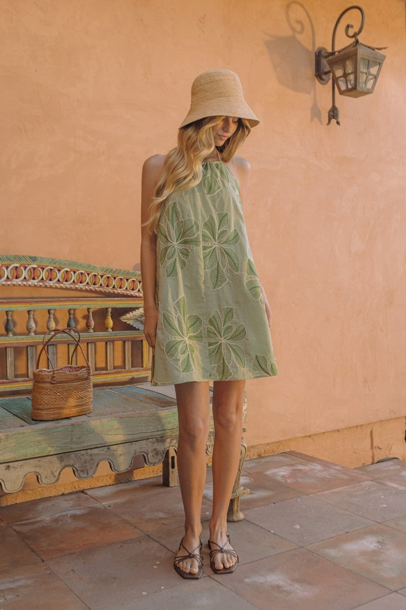HIGH NECKLINE STRAPPY BACK TRAPEZ MINI DRESS