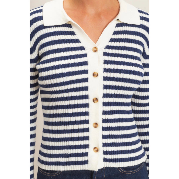 RIBBED STRIPED POLO KNIT TOP