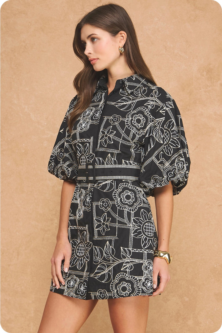 EMBROIDERY PUFF SLEEVE MINI DRESS
