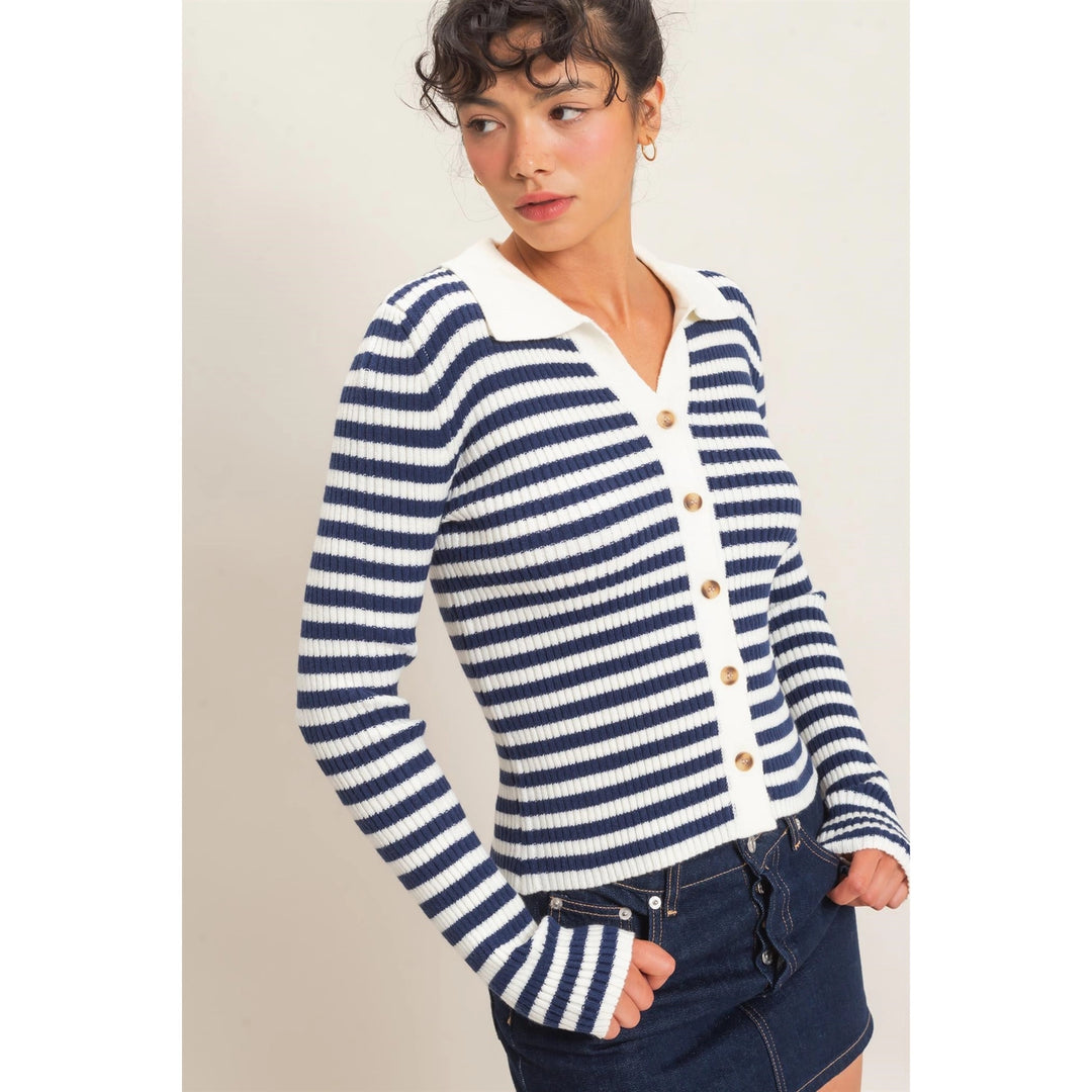 RIBBED STRIPED POLO KNIT TOP