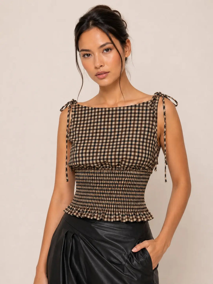 BOW TIED SHOULDER SMOCKY WAIST TOP