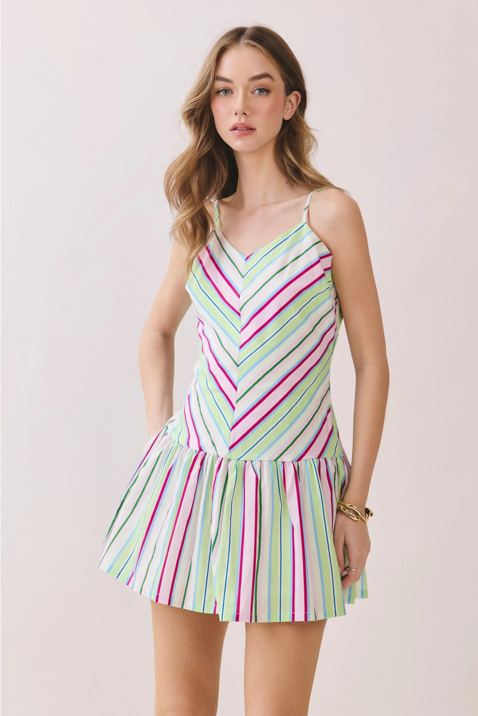 MULTI STRIPE DROP WAIST SLEEVELESS MINI DRESS