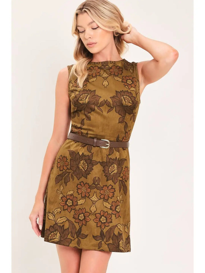 PRINTED FAUX SUEDE MINI DRESS