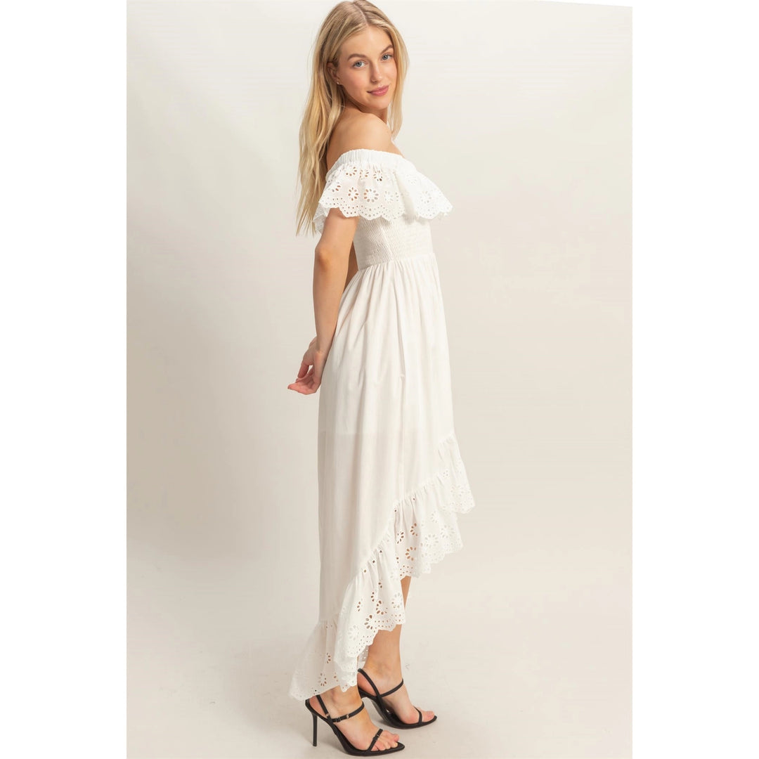 OFF SHOULDER SMOCKED DRESS
