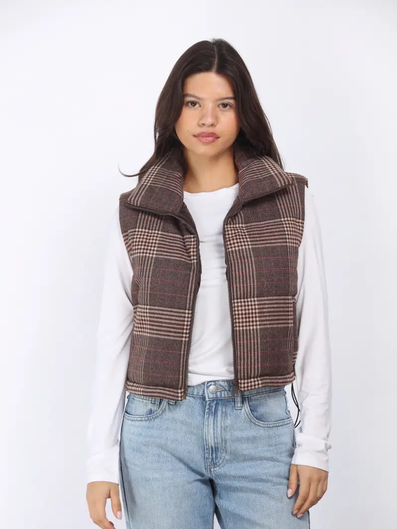 PLAID PUFFER VEST WITH WELT POCKETS