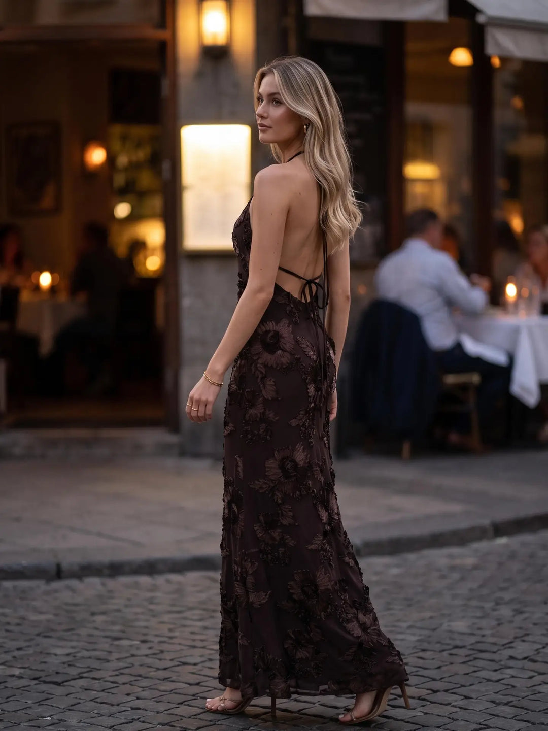 3D FLORAL MESH MERMAID MAXI DRESS
