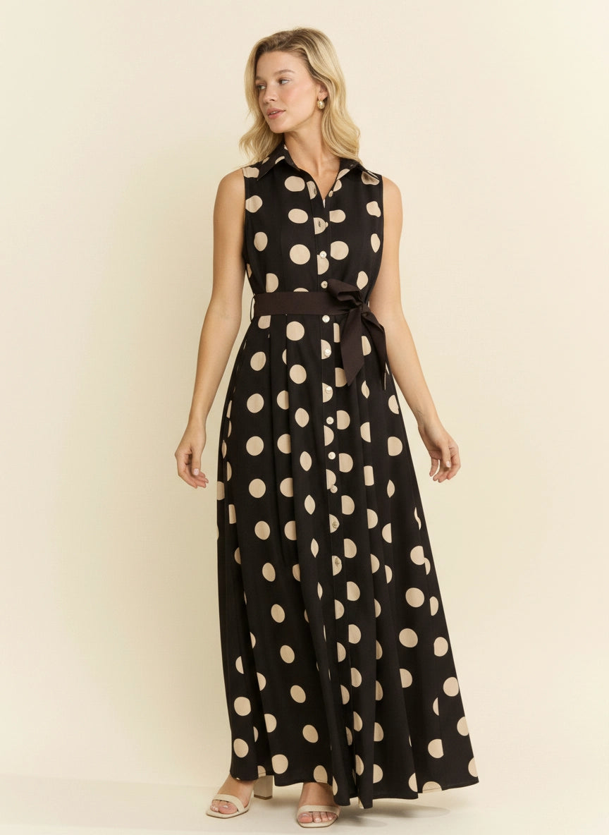 POLKA DOT BUTTON DOWN BELTED SLEEVELESS SHIRT DRESS