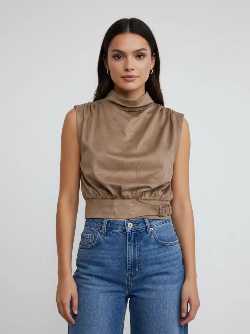 HIGH NECK SLEEVELESS TOP WITH BANDED WAIST