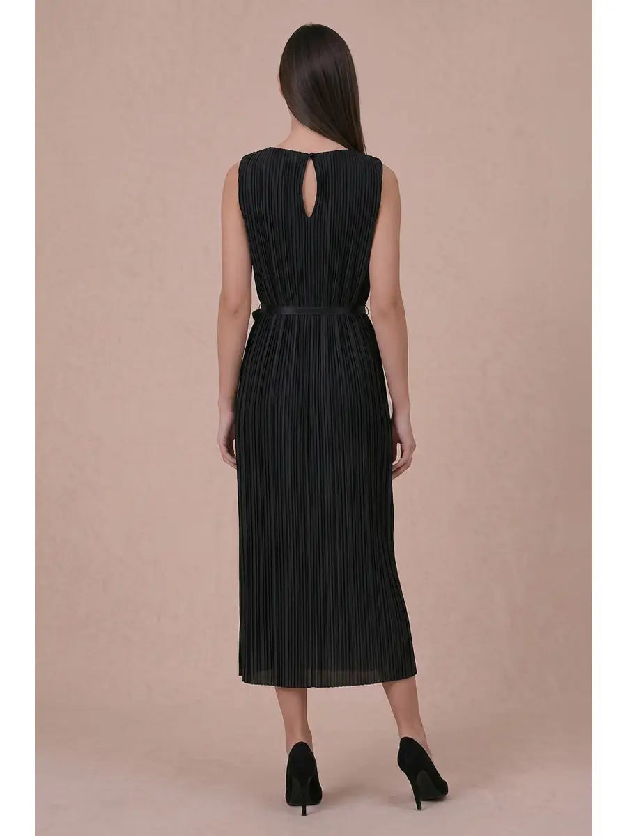 GOLD HARDWARE TRIM PLISSE MIDI DRESS