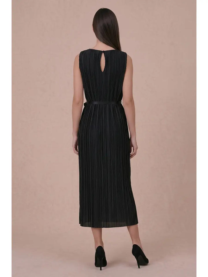 GOLD HARDWARE TRIM PLISSE MIDI DRESS