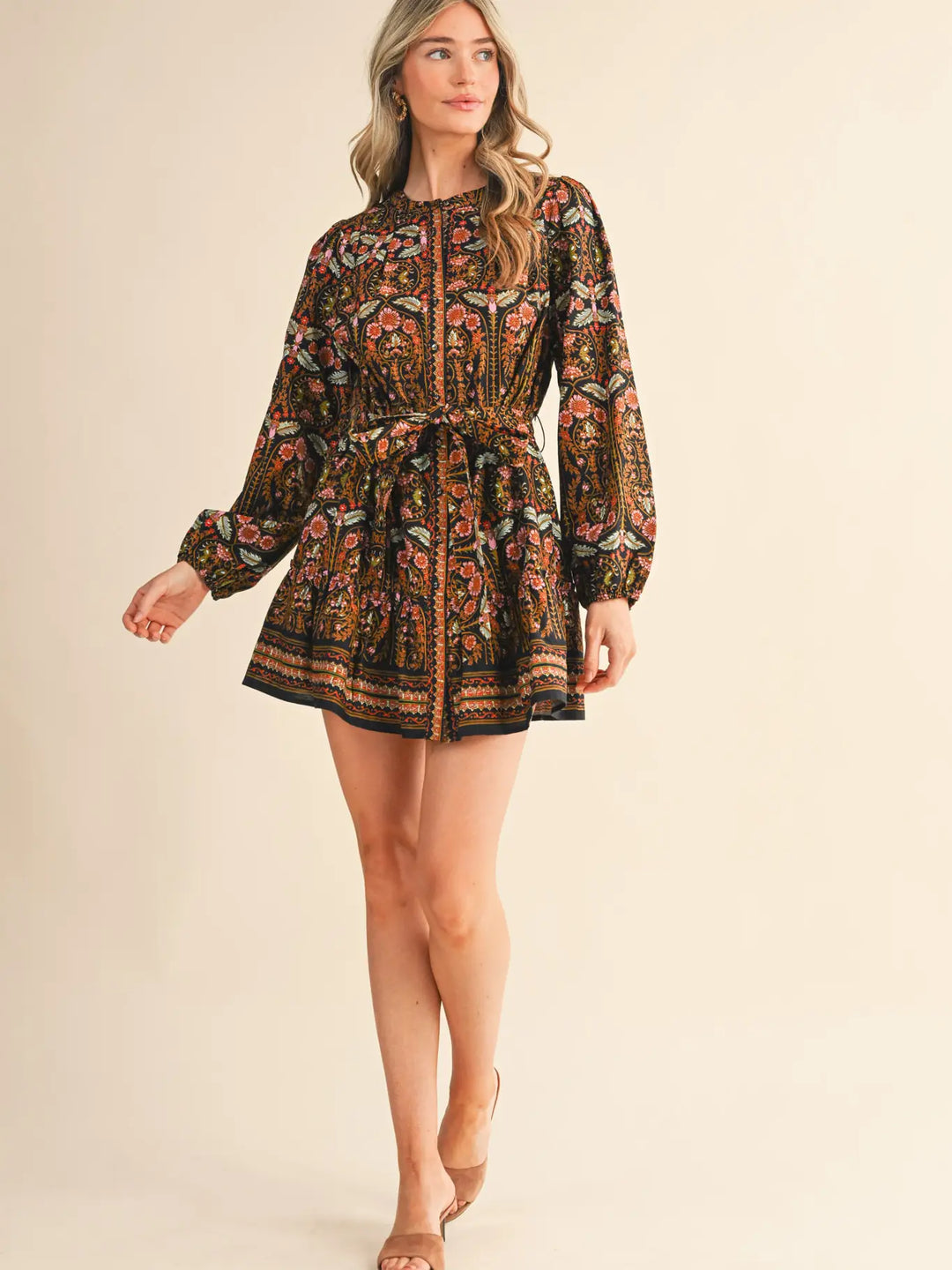 EXCLUSIVE FLORAL PRINT BELTED MINI DRESS