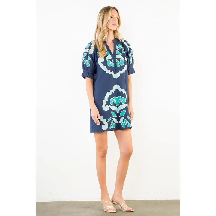 PUFF SLEEVE EMBROIDERY DETAIL V NECK DRESS