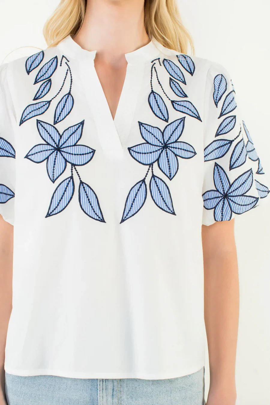 PUFF SLEEVE FLORAL EMBROIDERY TOP
