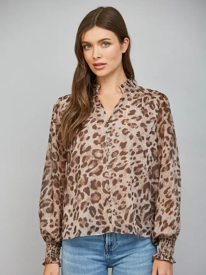 ANIMAL PRINT CHIFFON WITH LUREX SPLIT NECK BLOUSE