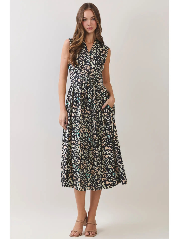 ANIMAL PRINT BELTED SNAP BUTTON CLOSURE MIDI DRESS