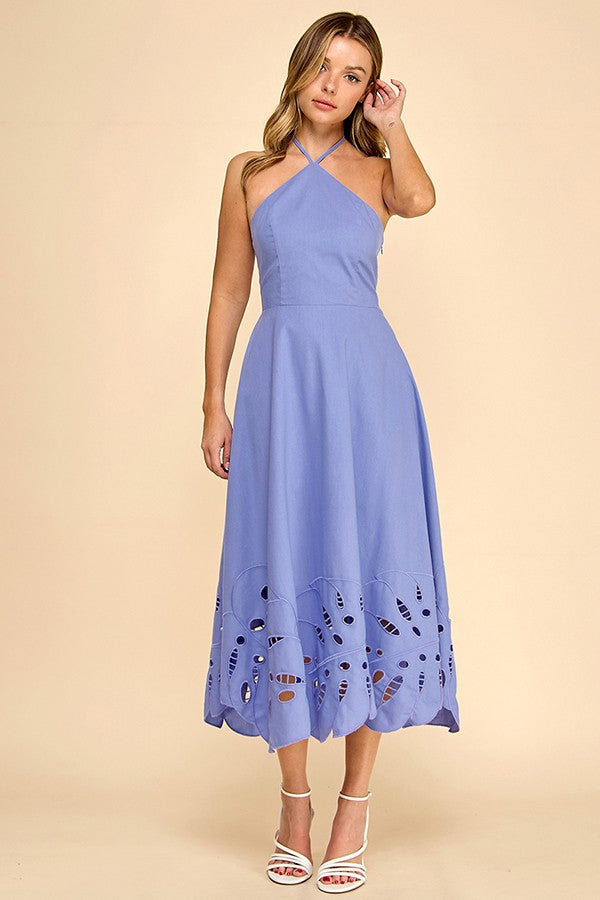 HALTER NECKLINE MIDI DRESS WITH EMBROIDERED DETAIL